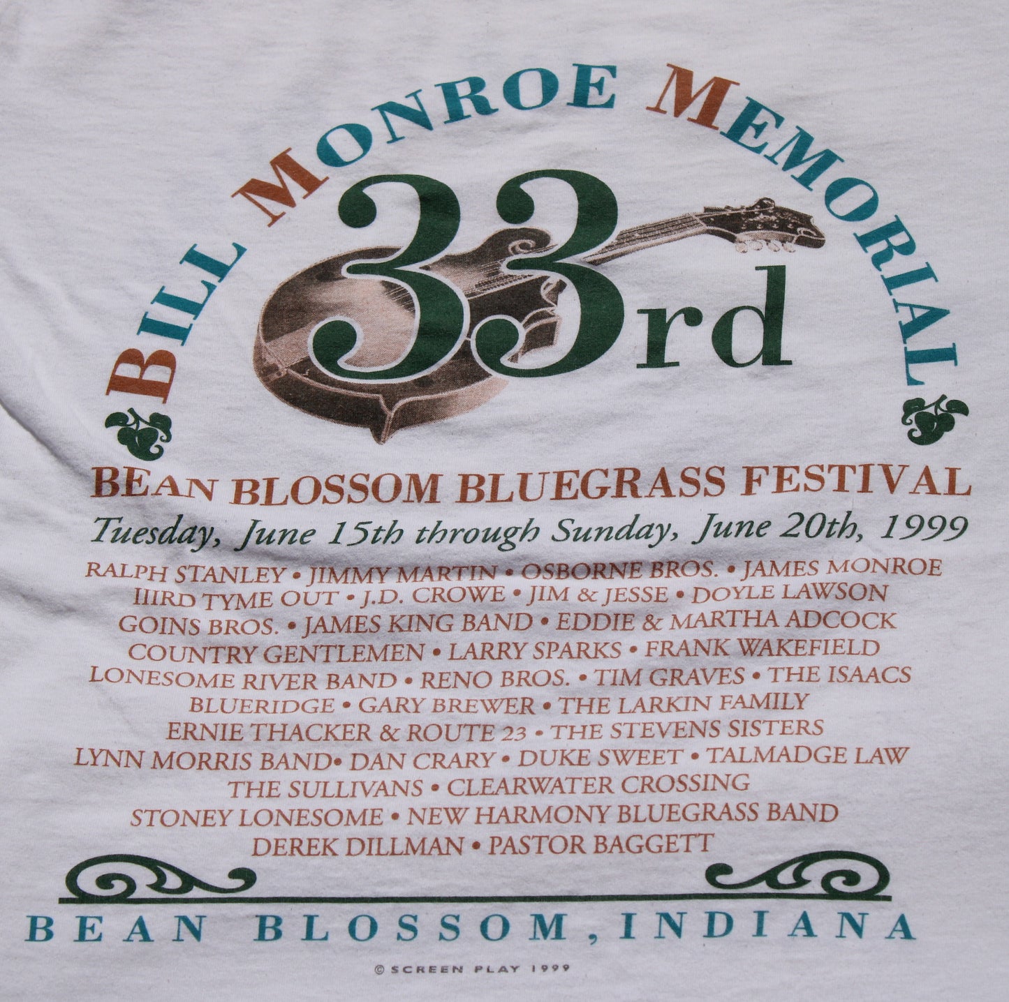 1999 Size Large Bill Monroe "33rd Annual Bluegrass Festival" Tee Shirt
