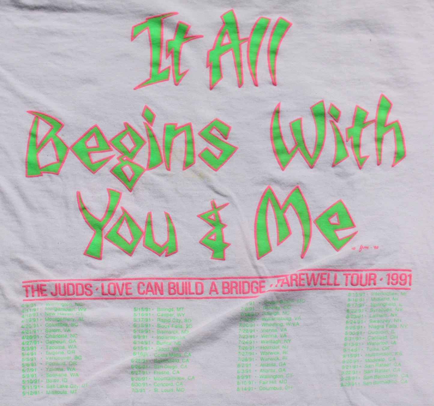 1991 Size XL The Judds "It All Begins With You & Me" Tee Shirt